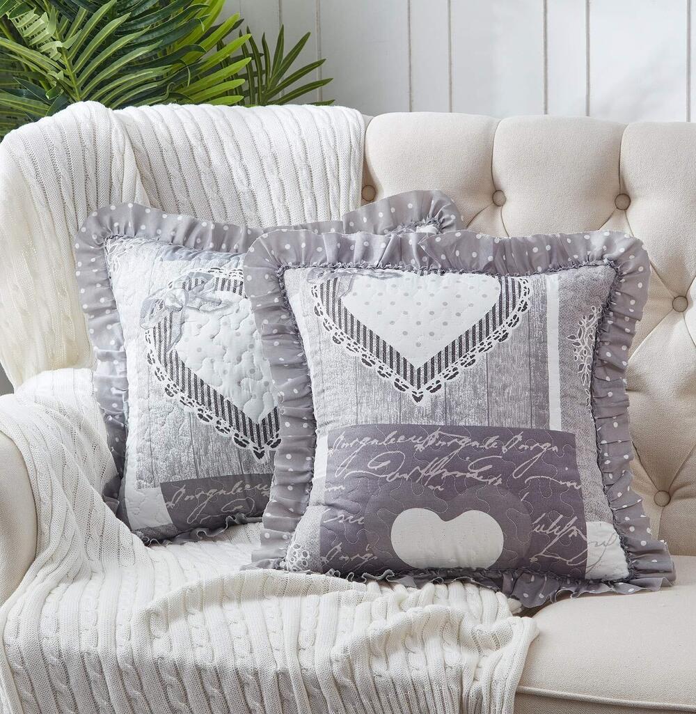 3208 Grey Heart Love Patchwork Ruffle Pillowshams, Quilted Decorative